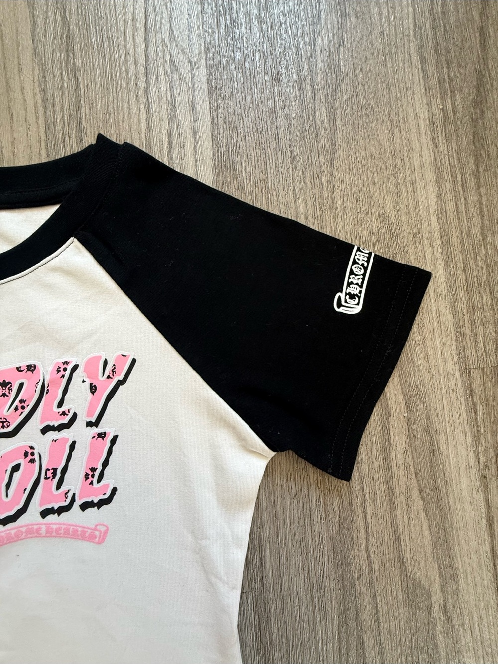 Deadly Doll Raglan Tee - Women’s Streetwear Tee – Black & White with Pink Print - Picture 4 of 7